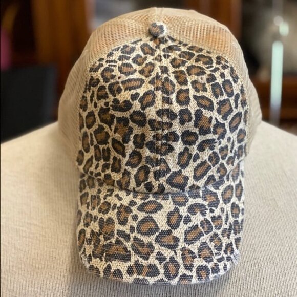 Tan & Brown Leopard Print Baseball Cap Snap-Back Ponytail Hat - Picture 4 of 4